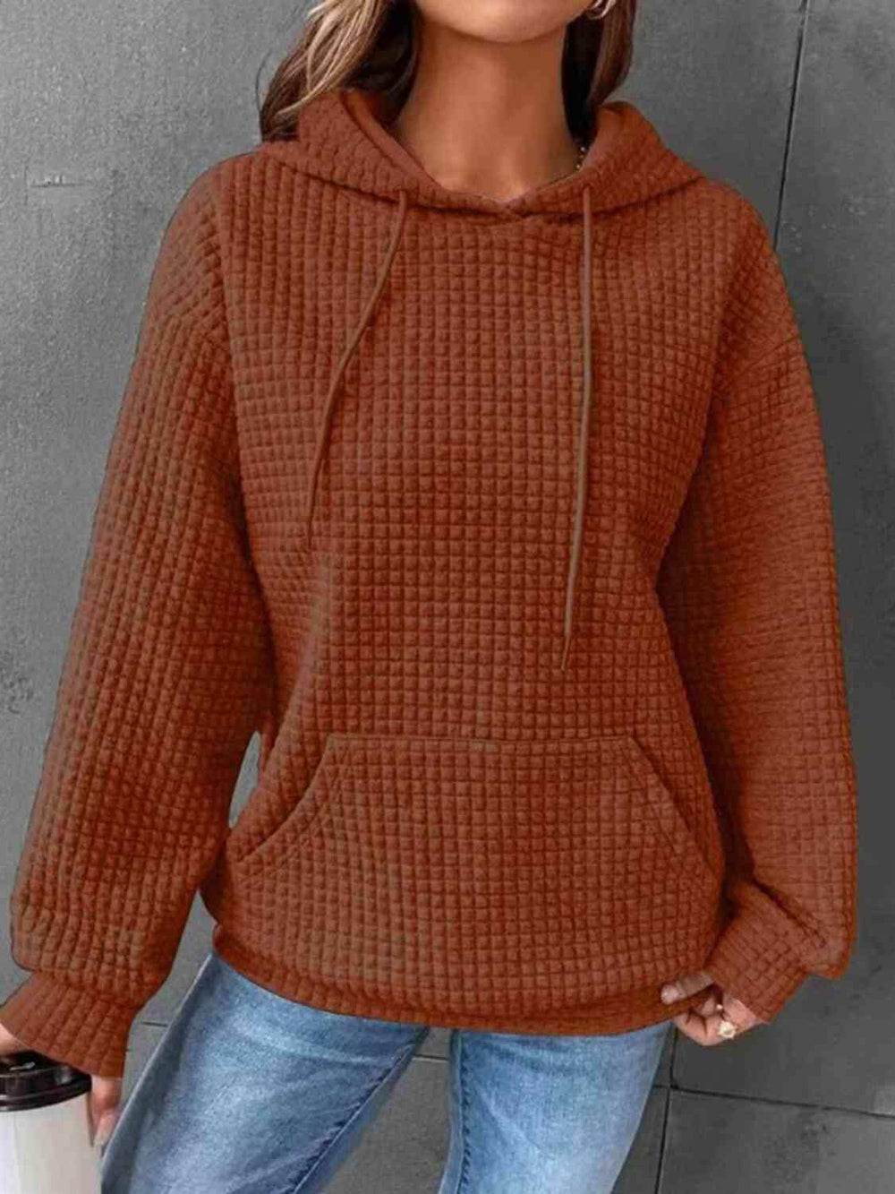 Textured Drawstring Drop Shoulder Hoodie - Trendsi - Flyclothing LLC