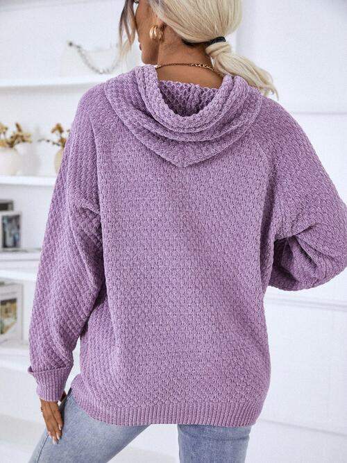 Texture Drawstring Long Sleeve Hooded Sweater - Trendsi - Flyclothing LLC