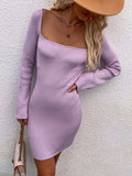 Tie Back Square Neck Long Sleeve Sweater Dress - Trendsi - Flyclothing LLC