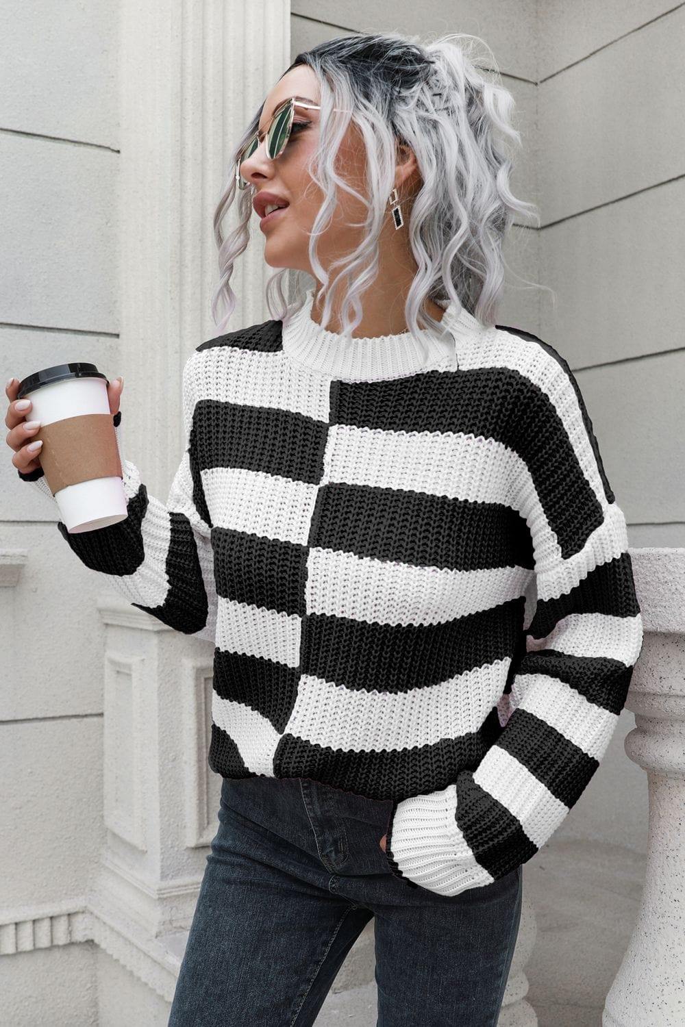 Color Block Dropped Shoulder Sweater - Trendsi