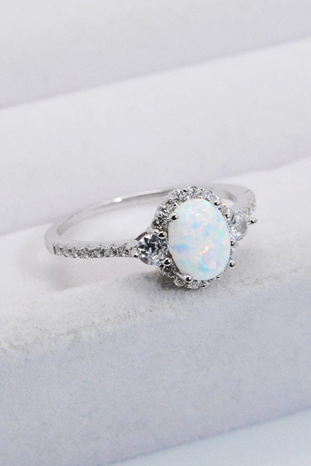 925 Sterling Silver Platinum-Plated Opal Ring - Trendsi