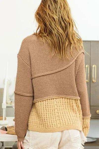 BiBi Texture Detail Contrast Drop Shoulder Sweater - Trendsi - Flyclothing LLC