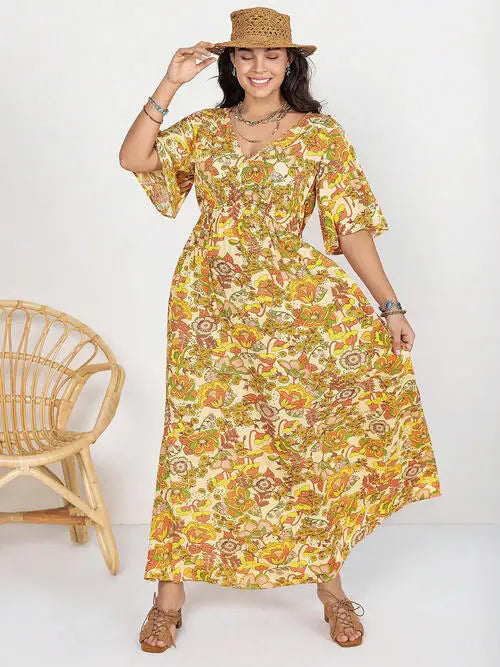 Floral V-Neck Short Sleeve Slit Dress - Trendsi - Flyclothing LLC
