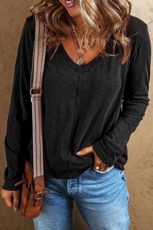 Exposed Seam V-Neck Long Sleeve T-Shirt - Trendsi - Flyclothing LLC