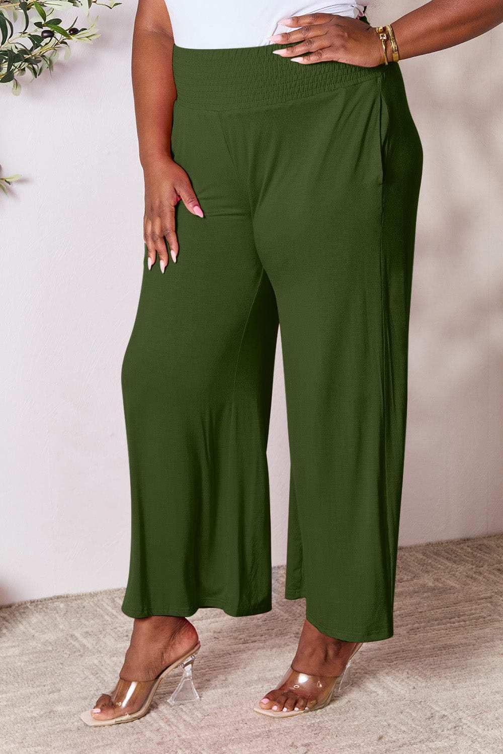 Double Take Full Size Smocked Wide Waistband Wide Leg Pants - Trendsi - Flyclothing LLC
