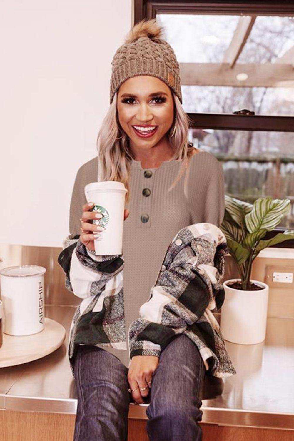 Buttoned Boat Neck Long Sleeve Blouse - Trendsi - Flyclothing LLC