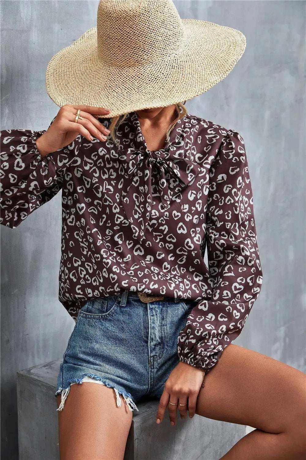 Printed Tie Neck Puff Sleeve Blouse - Trendsi - Flyclothing LLC