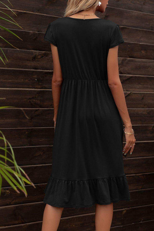 Round Neck Ruffle Hem Pocket Dress - Trendsi - Flyclothing LLC