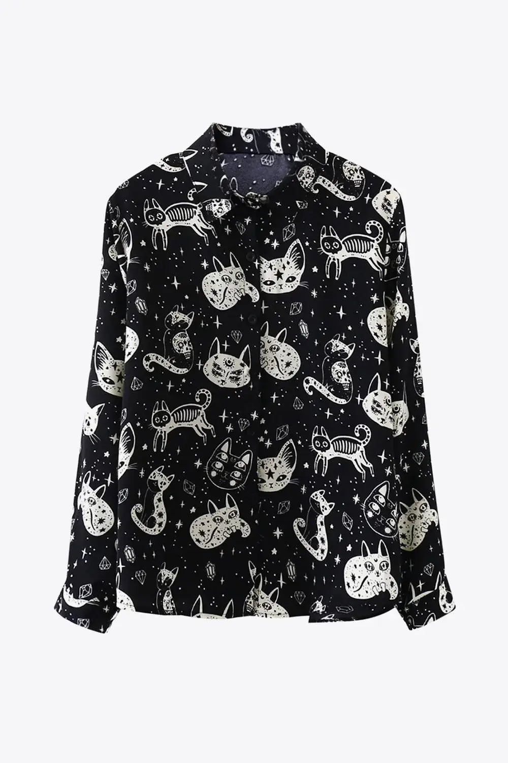 Cat Print Button-Up Shirt - Trendsi - Flyclothing LLC