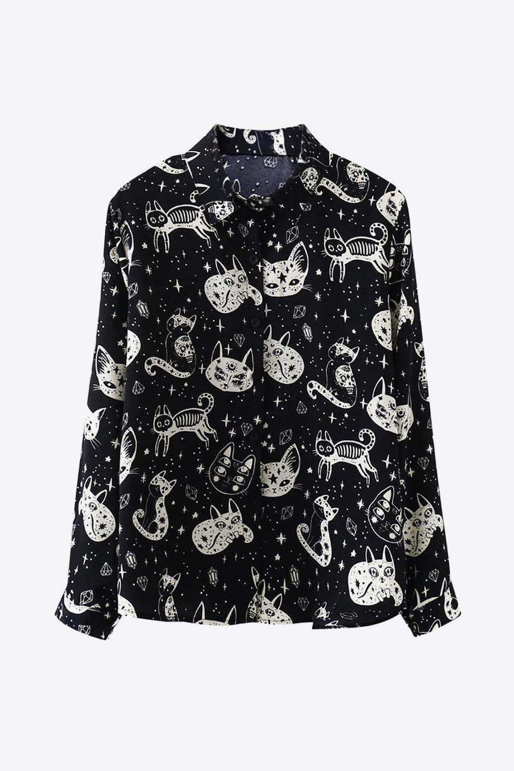 Cat Print Button-Up Shirt - Trendsi - Flyclothing LLC