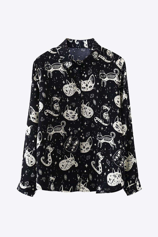 Cat Print Button-Up Shirt - Trendsi - Flyclothing LLC