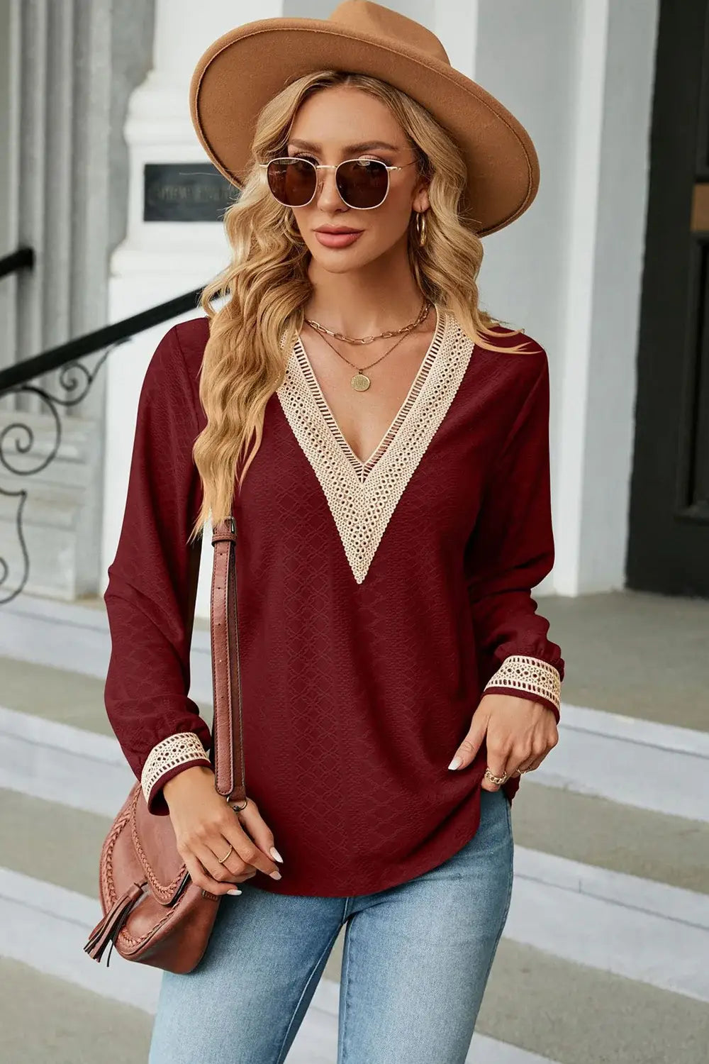 V-Neck Long Sleeve Blouse - Trendsi - Flyclothing LLC