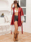 Plus Size Lace Patchwork Tie Front Robe - Trendsi - Flyclothing LLC