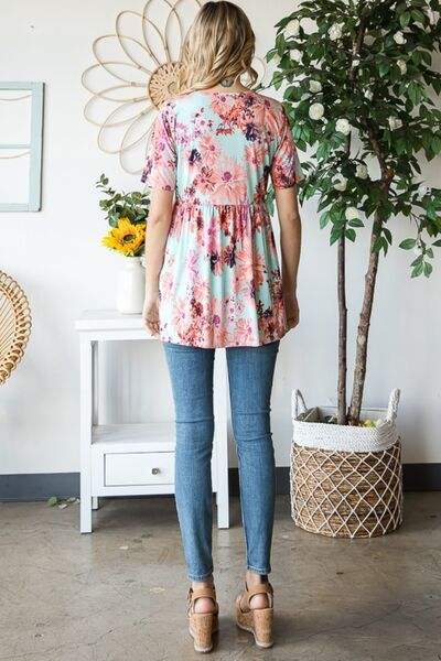 Heimish Full Size Floral V-Neck Short Sleeve Babydoll Blouse - Trendsi - Flyclothing LLC