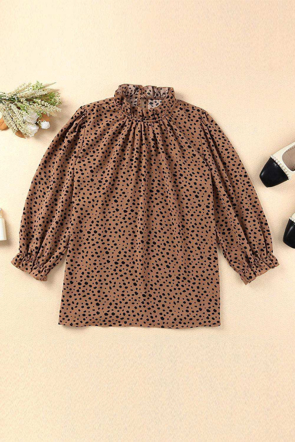 Animal Print Ruffle Collar Flounce Sleeve Blouse - Trendsi - Flyclothing LLC
