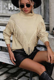 Turtle Neck Tassel Front Long Sleeve Pullover Sweater - Trendsi - Flyclothing LLC