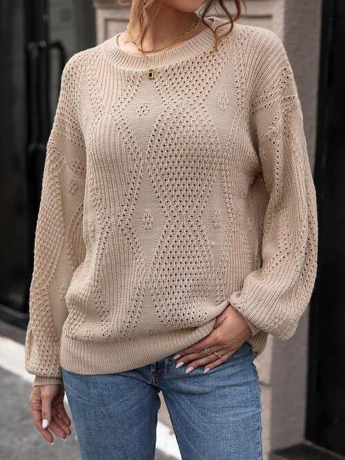 Eyelet Round Neck Long Sleeve Knit Top - Trendsi