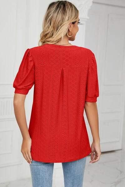 Eyelet Notched Short Sleeve T-Shirt - Trendsi - Flyclothing LLC