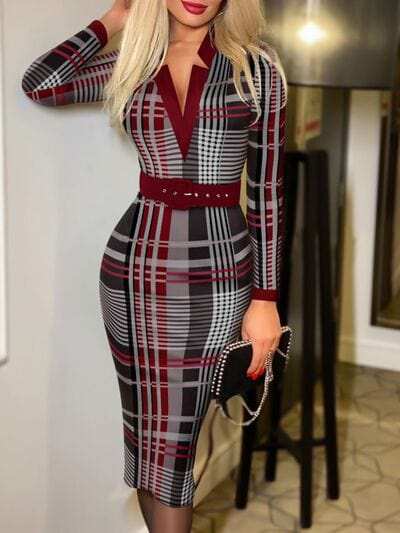 Printed Notched Long Sleeve Wrap Dress - Trendsi - Flyclothing LLC