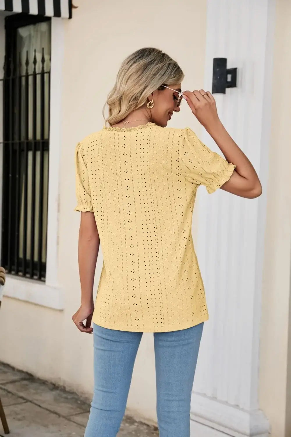 Eyelet Flounce Sleeve Scalloped V-Neck Top - Trendsi - Flyclothing LLC
