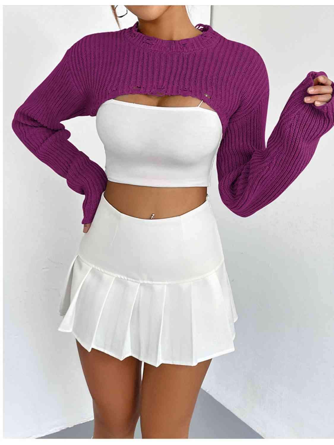 Distressed Long Sleeve Cropped Sweater - Trendsi - Flyclothing LLC