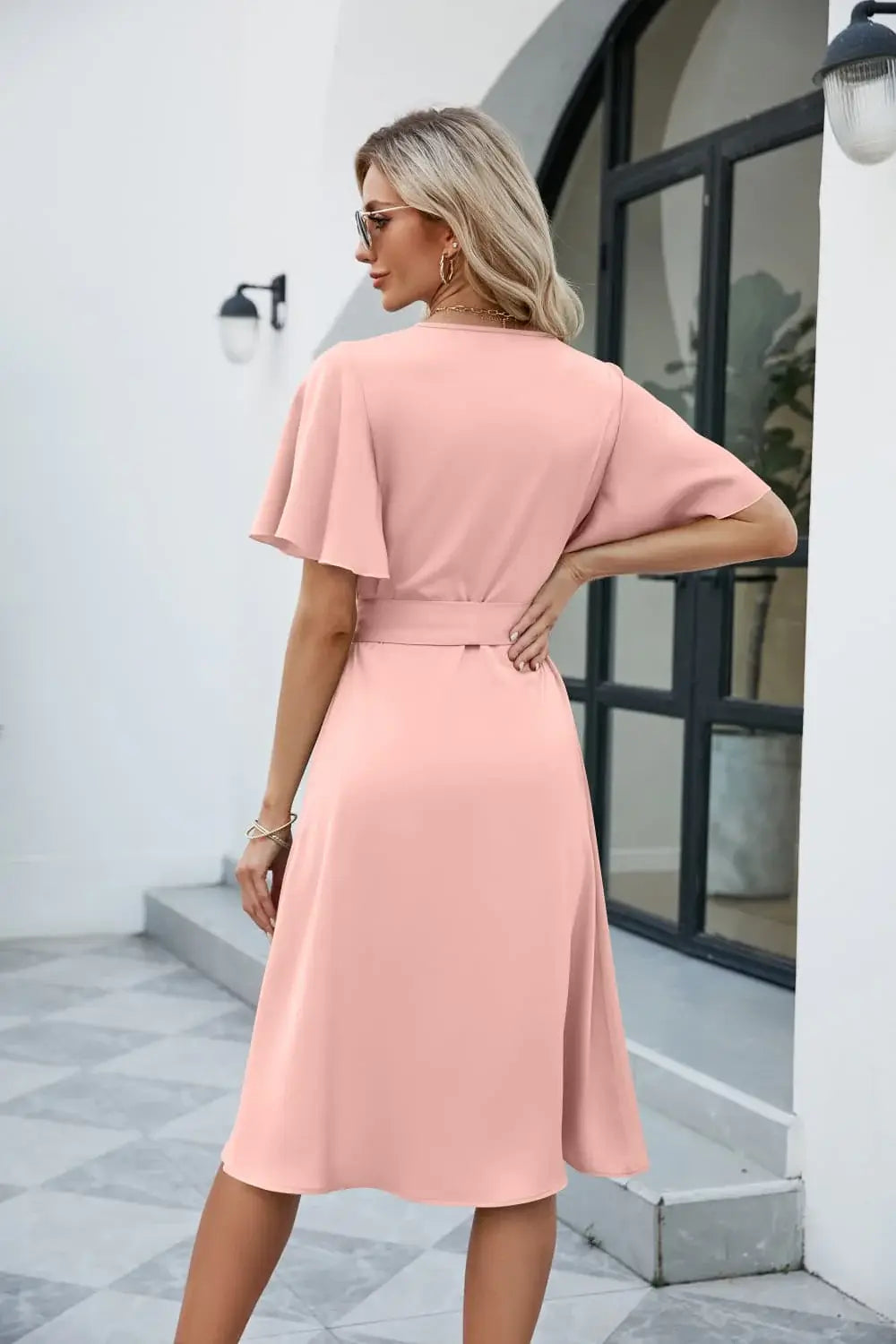 Tie Waist Flutter Sleeve Surplice Dress - Trendsi - Flyclothing LLC