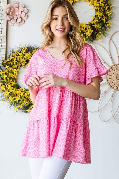 Heimish Full Size Leopard Ruffle Trim Short Sleeve Top - Trendsi - Flyclothing LLC