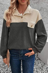 Color Block Quarter Button Dropped Shoulder Sweatshirt - Trendsi - Flyclothing LLC
