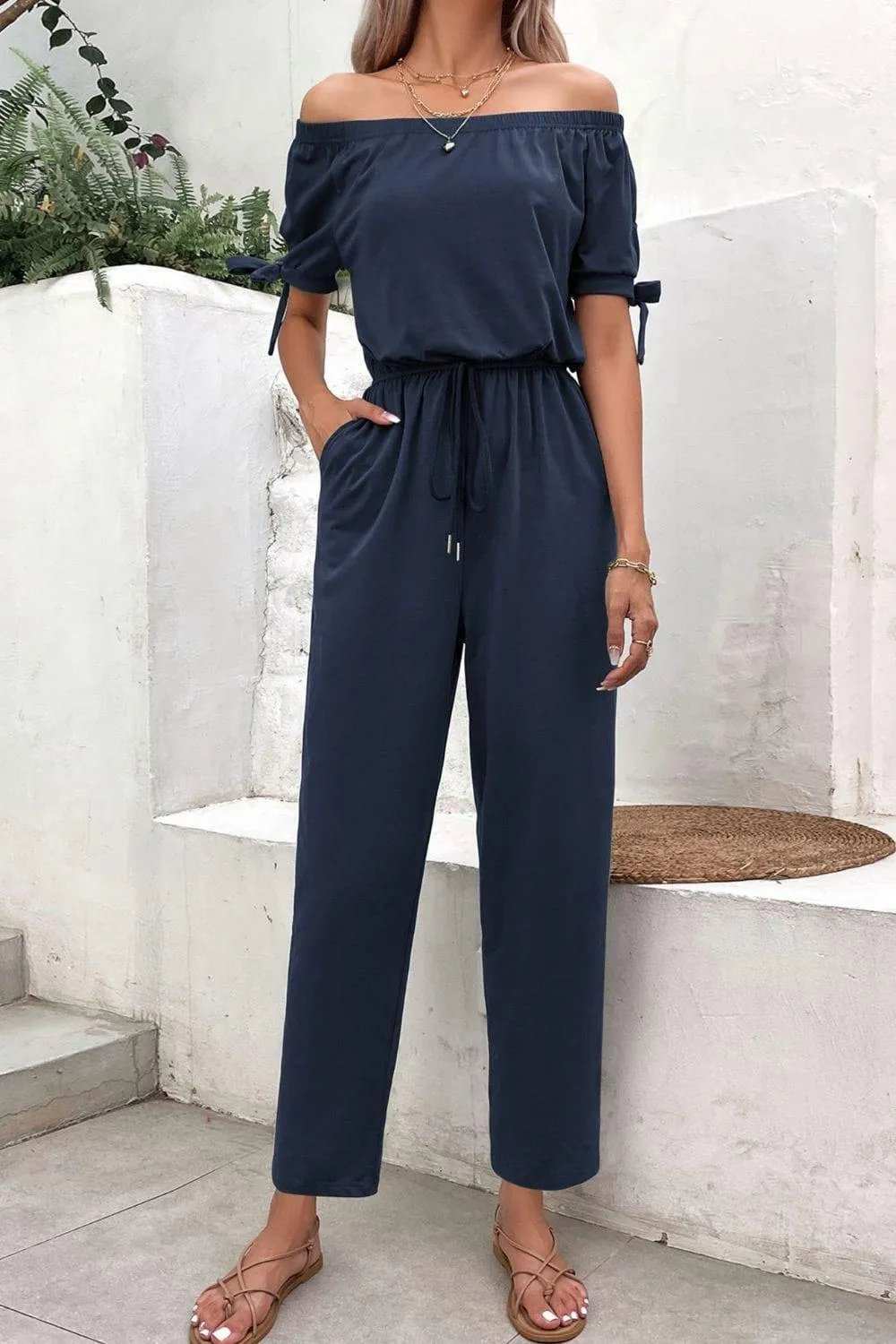Off-Shoulder Tie Cuff Jumpsuit with Pockets - Trendsi - Flyclothing LLC