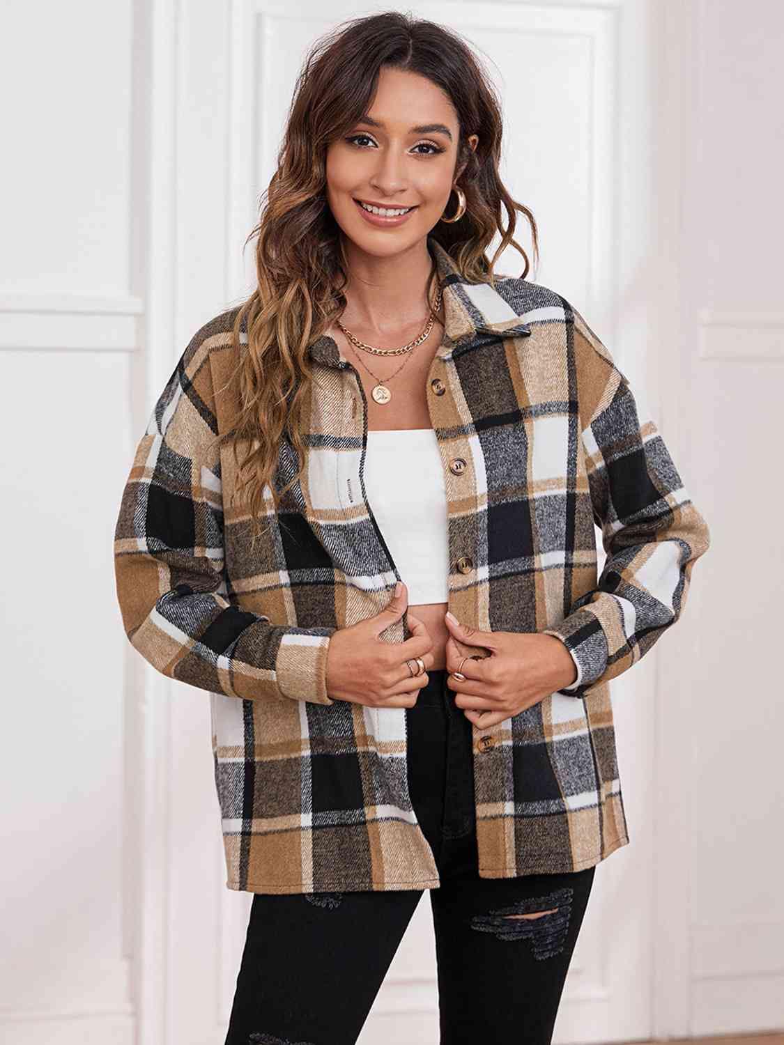 Plaid Collared Neck Button Down Jacket - Trendsi