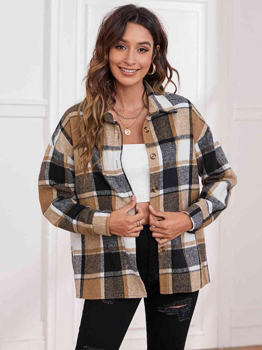 Plaid Collared Neck Button Down Jacket - Trendsi