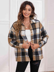 Plaid Collared Neck Button Down Jacket - Trendsi