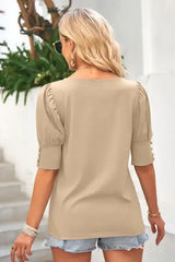 Round Neck Lantern Sleeve Blouse - Trendsi - Flyclothing LLC