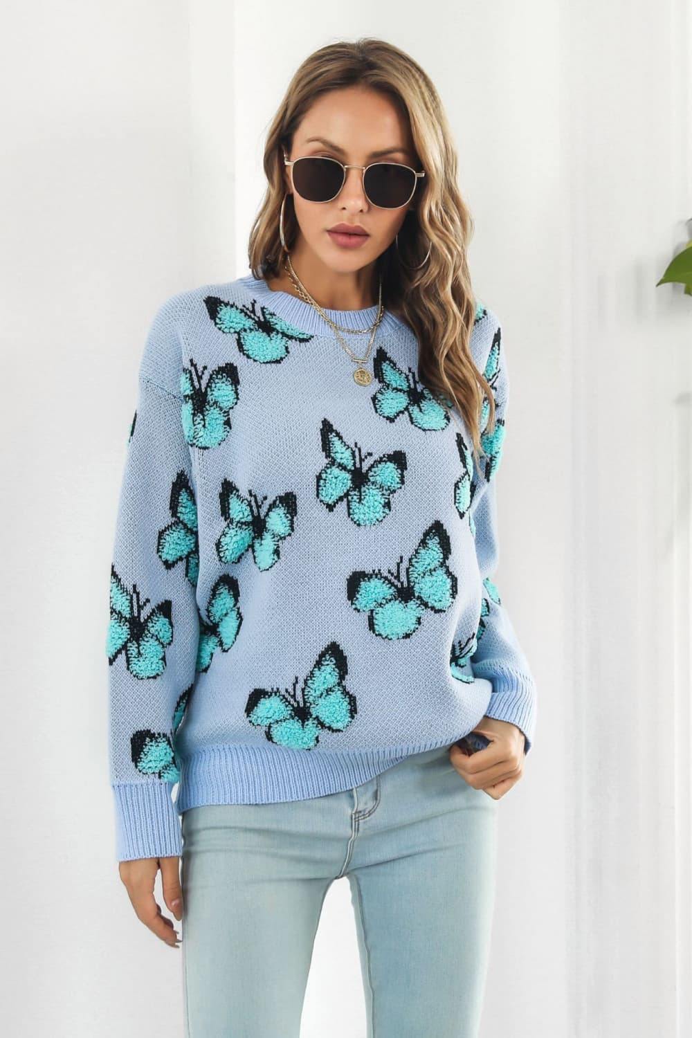 Butterfly Pattern Round Neck Dropped Shoulder Sweater - Trendsi