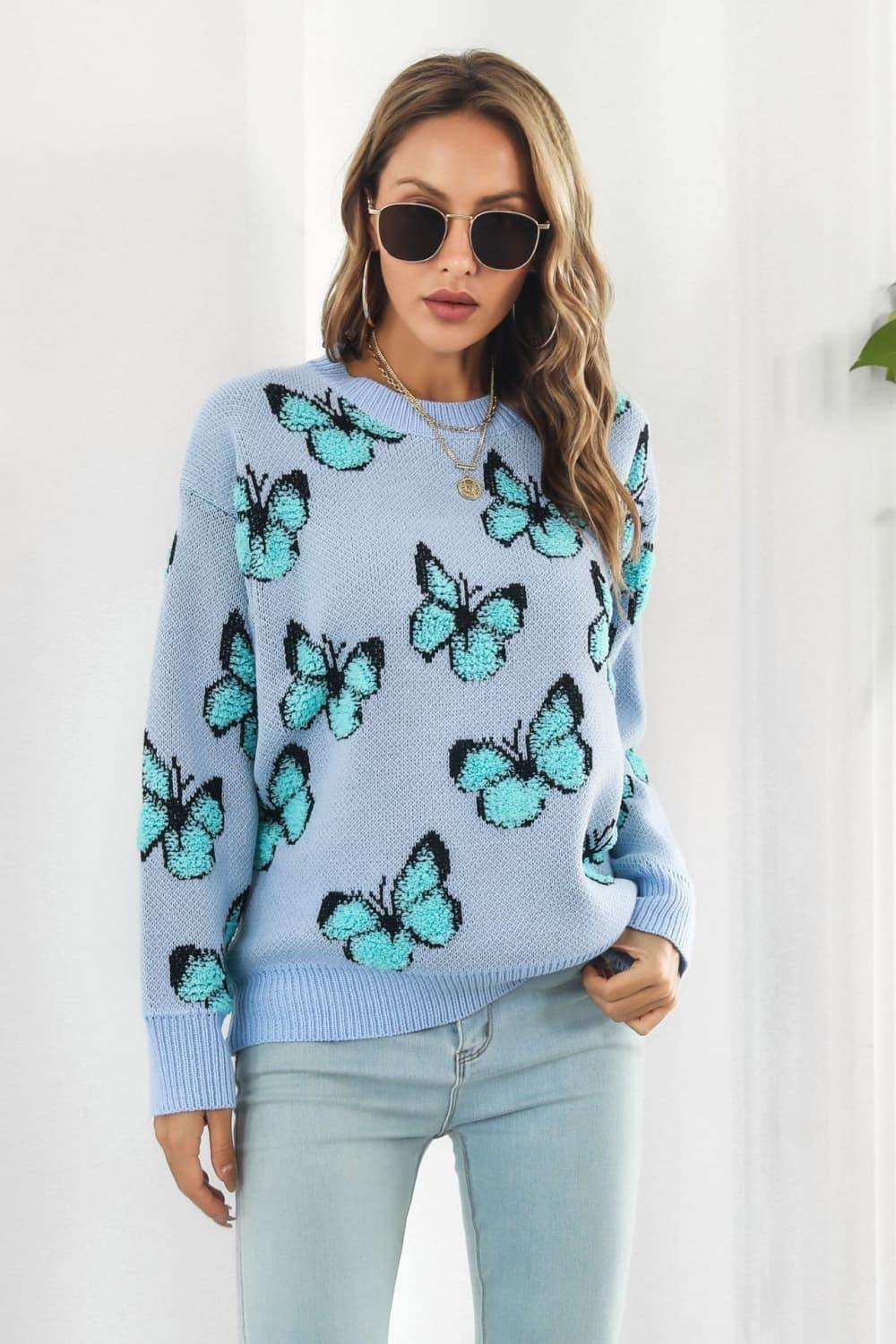 Butterfly Pattern Round Neck Dropped Shoulder Sweater - Trendsi - Flyclothing LLC