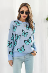 Butterfly Pattern Round Neck Dropped Shoulder Sweater - Trendsi