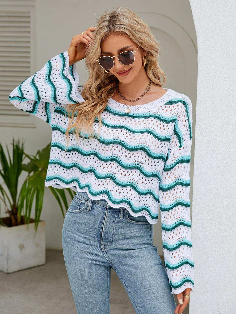 Round Neck Openwork Flare Sleeve Knit Top - Trendsi - Flyclothing LLC