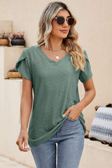 Eyelet V-Neck Petal Sleeve T-Shirt - Trendsi - Flyclothing LLC