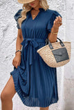 Tie Neck Belted Pleated Dress - Trendsi - Flyclothing LLC