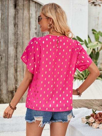 Printed Round Neck Petal Sleeve Blouse - Trendsi - Flyclothing LLC
