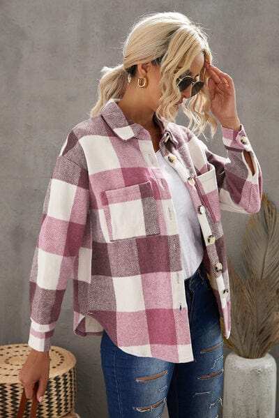 Plaid Button Up Dropped Shoulder Jacket - Trendsi - Flyclothing LLC