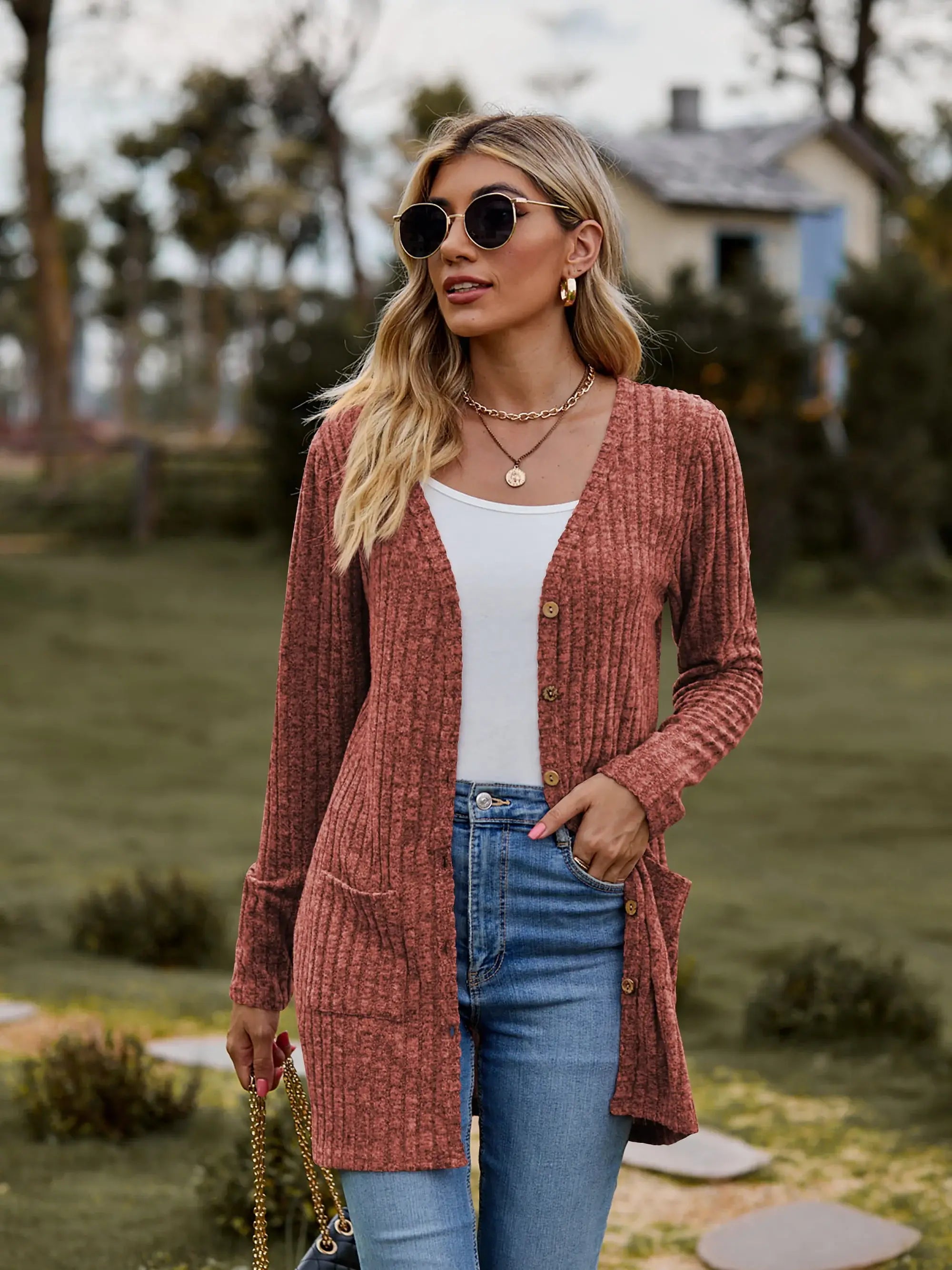 Ribbed Button-UP Caradigan with Pockets - Trendsi - Flyclothing LLC
