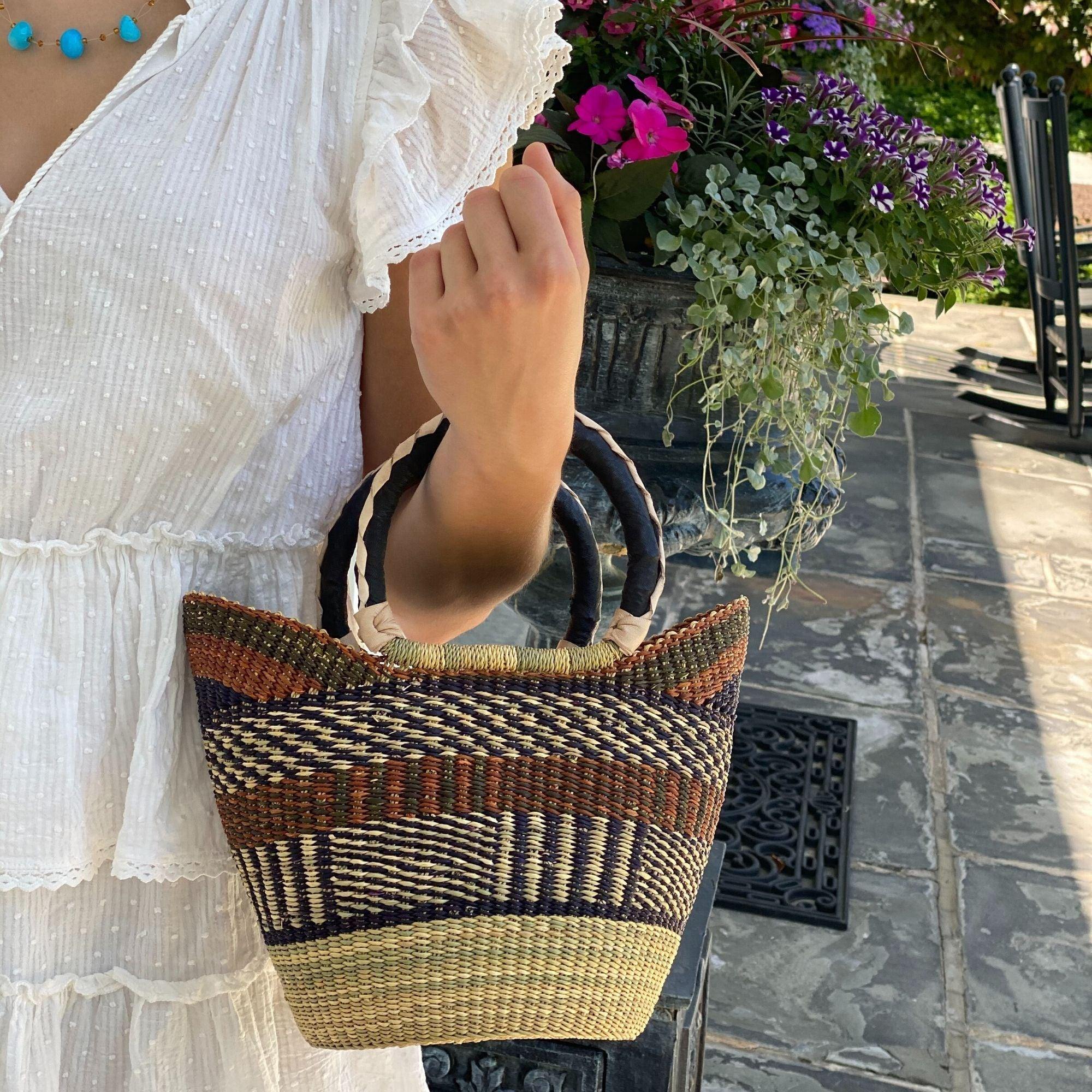 Bolga Tote, Neutrals with Leather Handle - 14-inch - Gitzell