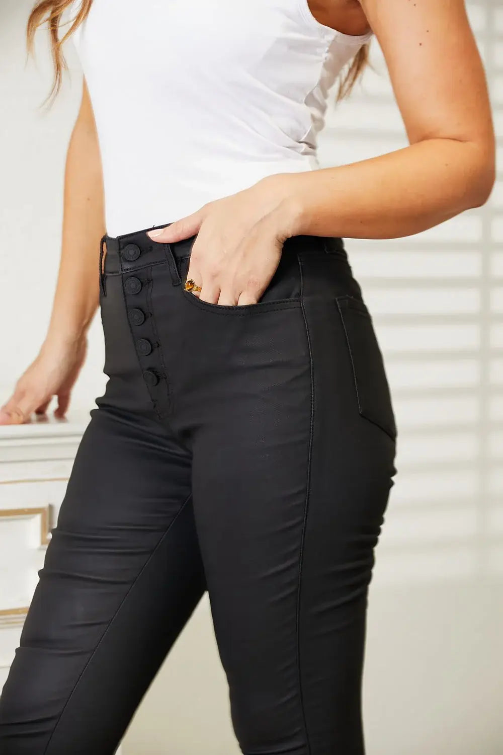 Kancan Full Size High Rise Black Coated Ankle Skinny Jeans - Trendsi - Flyclothing LLC