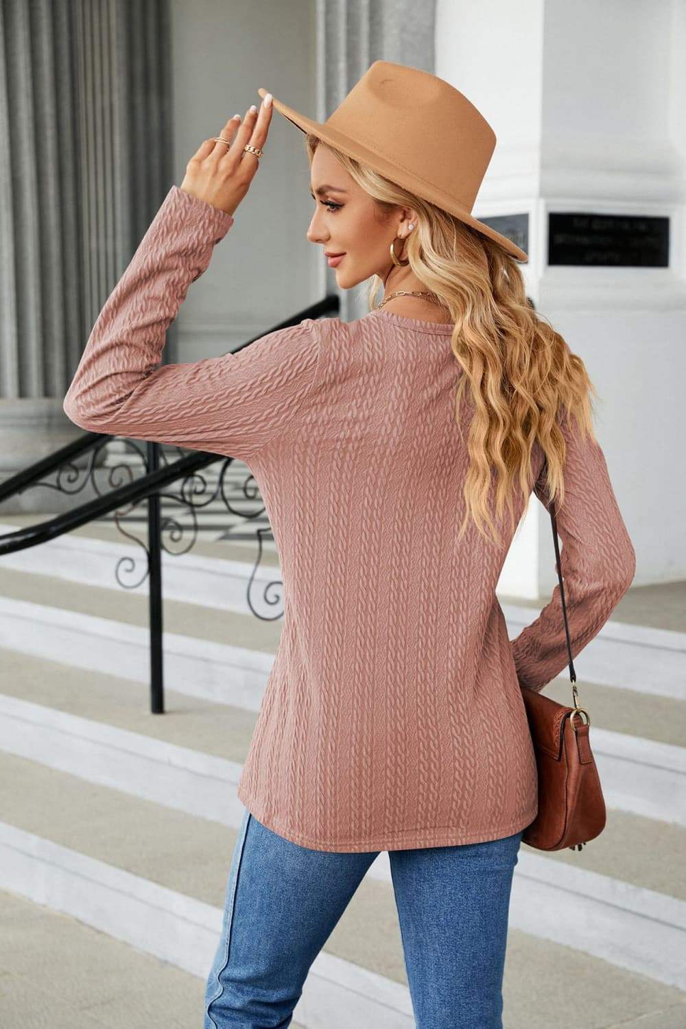 Cable-Knit Long Sleeve V-Neck T-Shirt - Trendsi - Flyclothing LLC