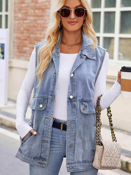 Button Up Collared Neck Denim Jacket with Pockets - Trendsi - Flyclothing LLC