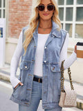 Button Up Collared Neck Denim Jacket with Pockets - Trendsi