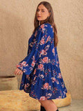 Plus Size Printed Tie Neck Balloon Sleeve Mini Dress - Trendsi - Flyclothing LLC