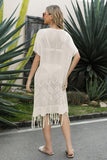 V-Neck Short Sleeve Fringe Hem Knit Dress - Flyclothing LLC