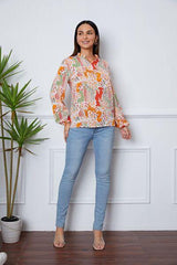 Floral Frill Notched Long Sleeve Blouse - Trendsi